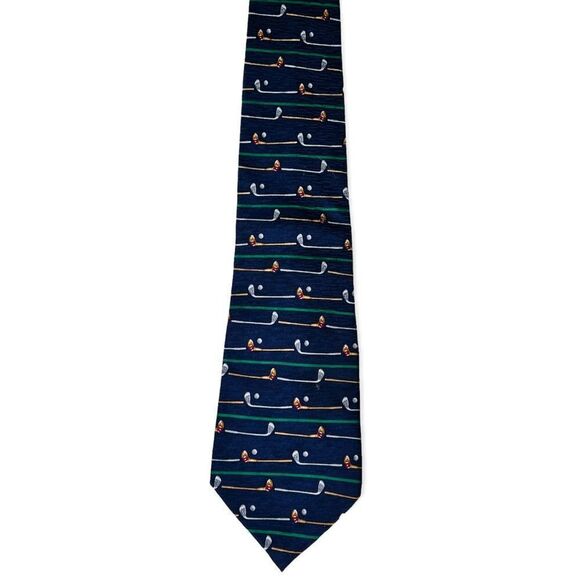 Museum Artifacts Golf Clubs Balls Pattern Design Silk Tie Blue Green Yellow‎ - Picture 1 of 5